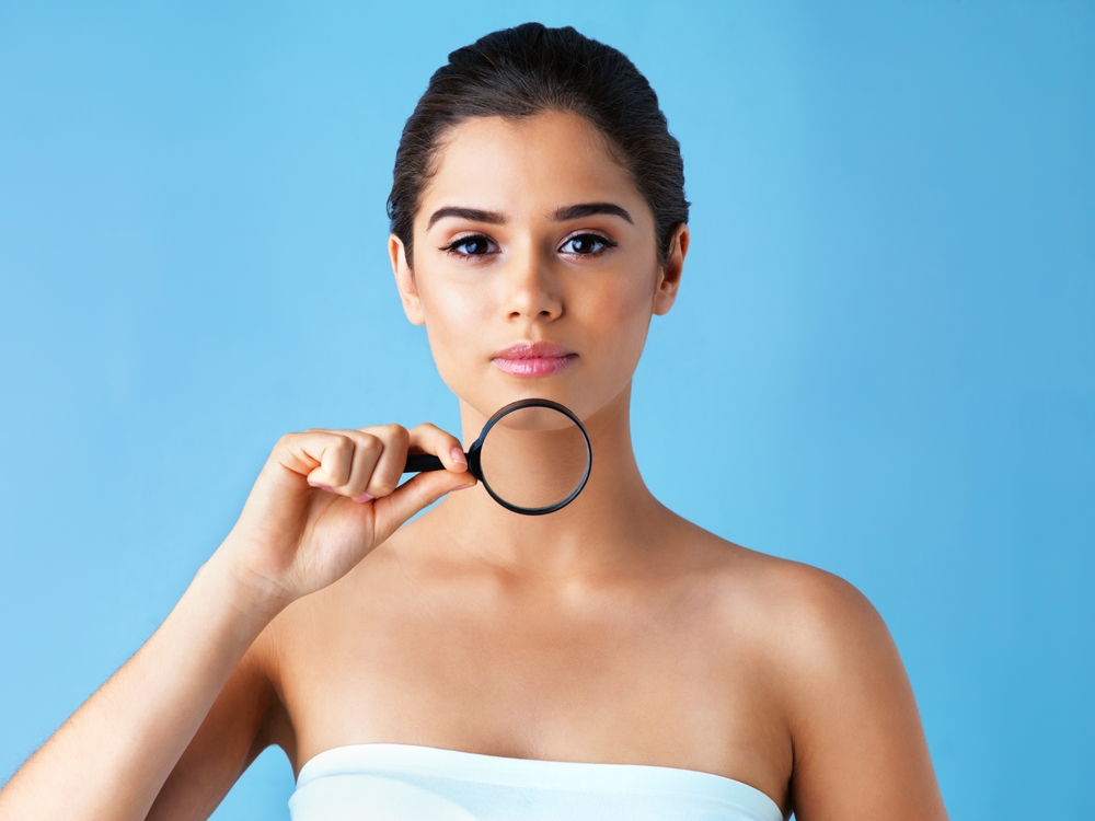 Beauty,,Portrait,And,Girl,With,Magnifying,Glass,In,Studio,For